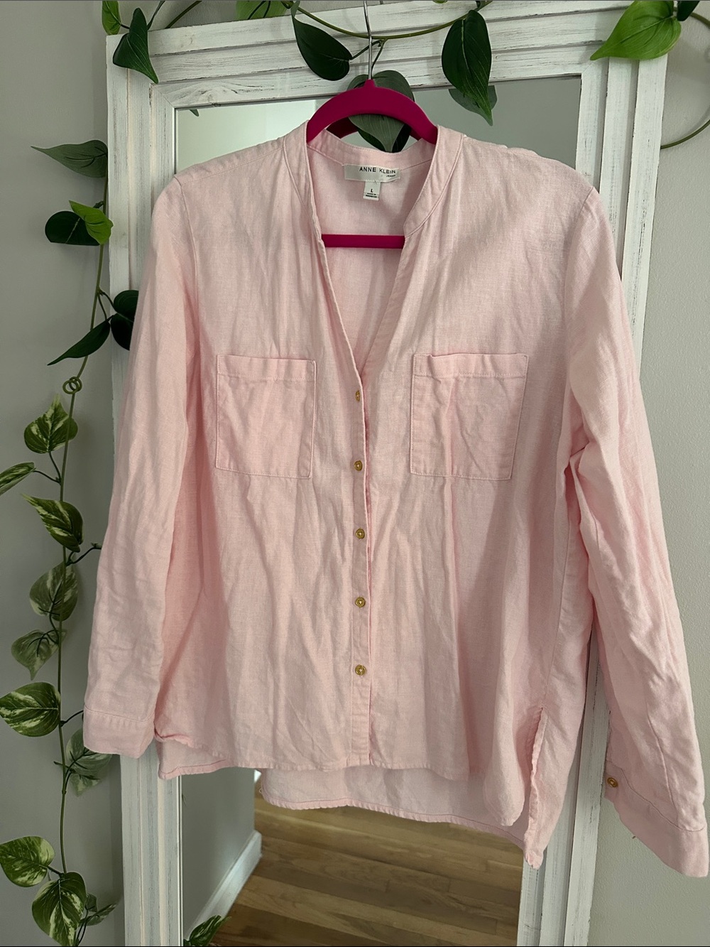 Anne Klein Linen Blend Pink Button-Front Pocket Shirt